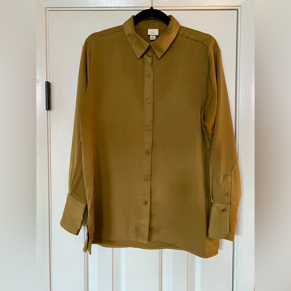 Olive Green Button-Down Blouse | Long Sleeve Lightweight Top XS NWOT